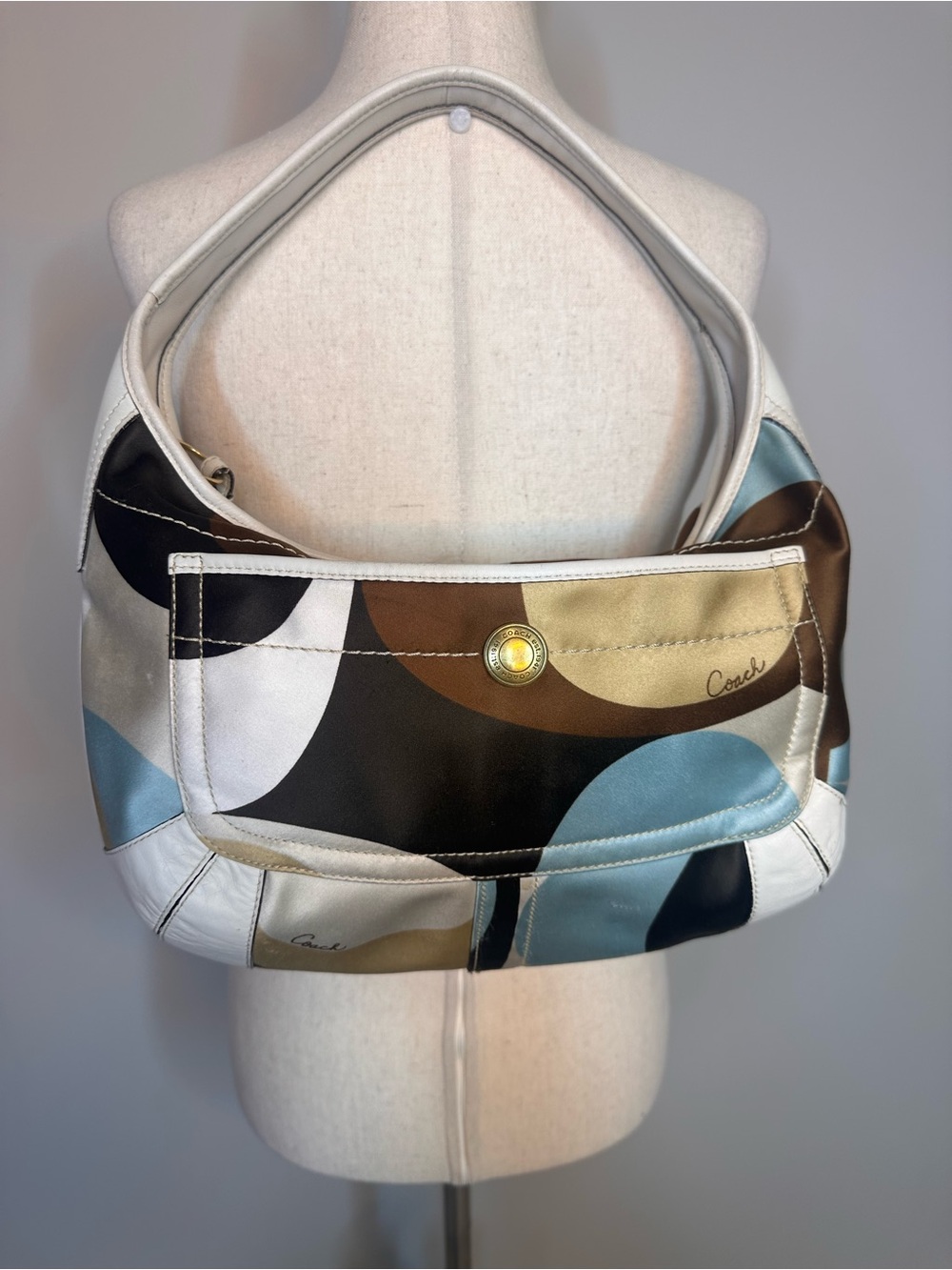 Vintage Coach Ergo Optic Scarf Print Brown Beige & Blue 2006 10781 blue cream